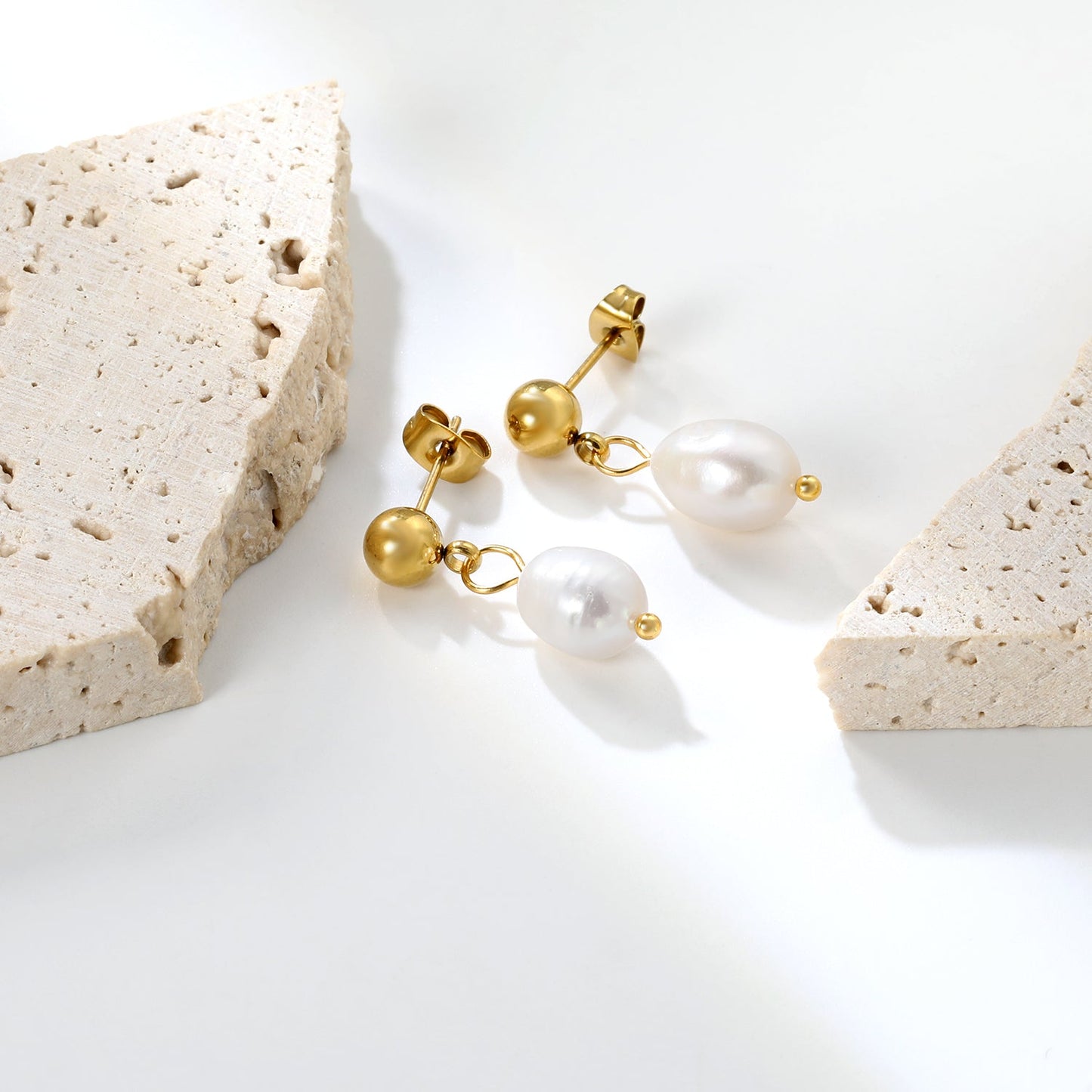 8.4*12mm freshwater pearl pendant+6mm steel earrings gold color asonjewelry