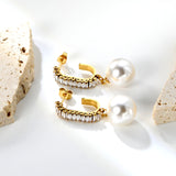 13.9mm imitation pearl pendant + 4.8*21.6mm C-shaped with white diamonds circle Earrings Golden