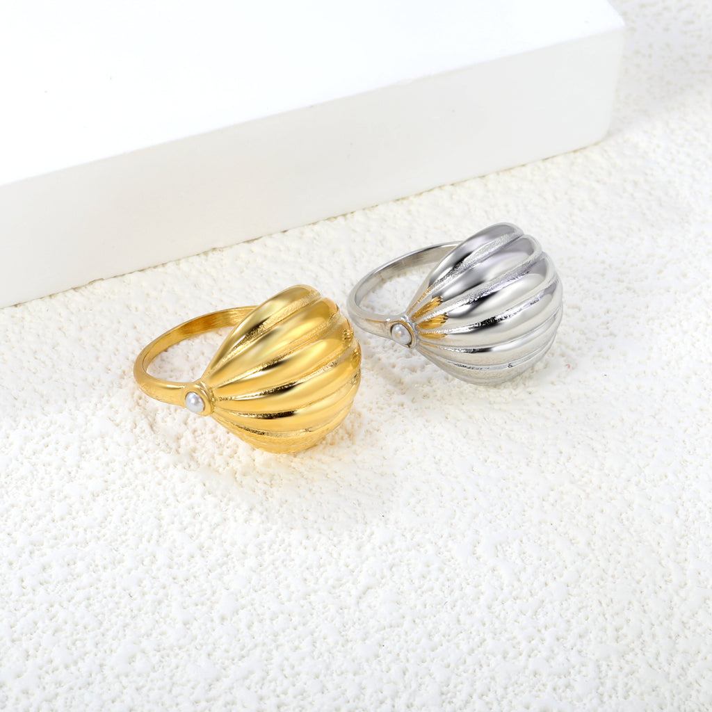 18K Gold Plated Stainless Steel Vertical Striped Arch Ring - Pearl Accented Elegant Jewelry