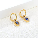 Wire 2*O.D. 14mm earrings + 9.6*10.2mm heart shaped sapphire blue glass with CNC drilling white zirconium hoops Earrings steel color/golden color