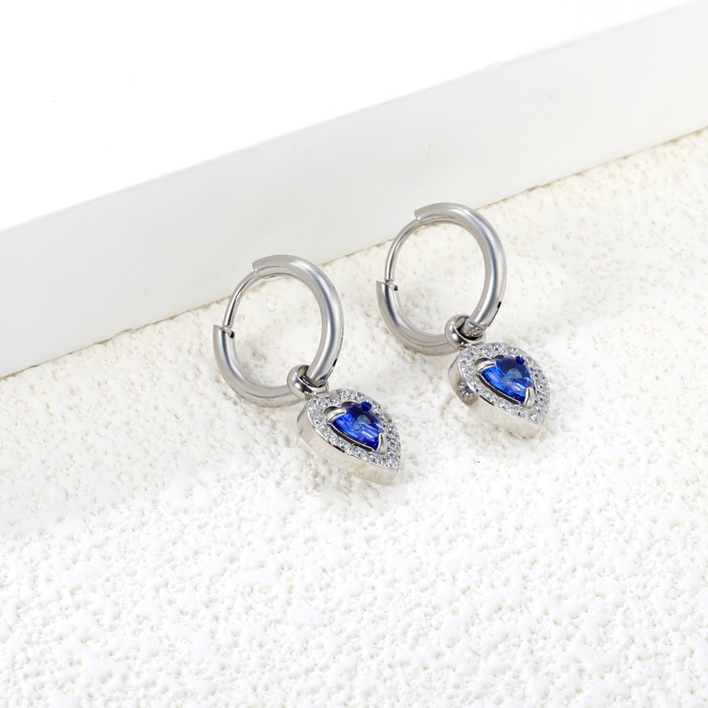 Wire 2*O.D. 14mm earrings + 9.6*10.2mm heart shaped sapphire blue glass with CNC drilling white zirconium hoops Earrings steel color/golden color