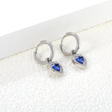 Wire 2*O.D. 14mm earrings + 9.6*10.2mm heart shaped sapphire blue glass with CNC drilling white zirconium hoops Earrings steel color/golden color
