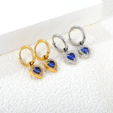 Wire 2*O.D. 14mm earrings + 9.6*10.2mm heart shaped sapphire blue glass with CNC drilling white zirconium hoops Earrings steel color/golden color