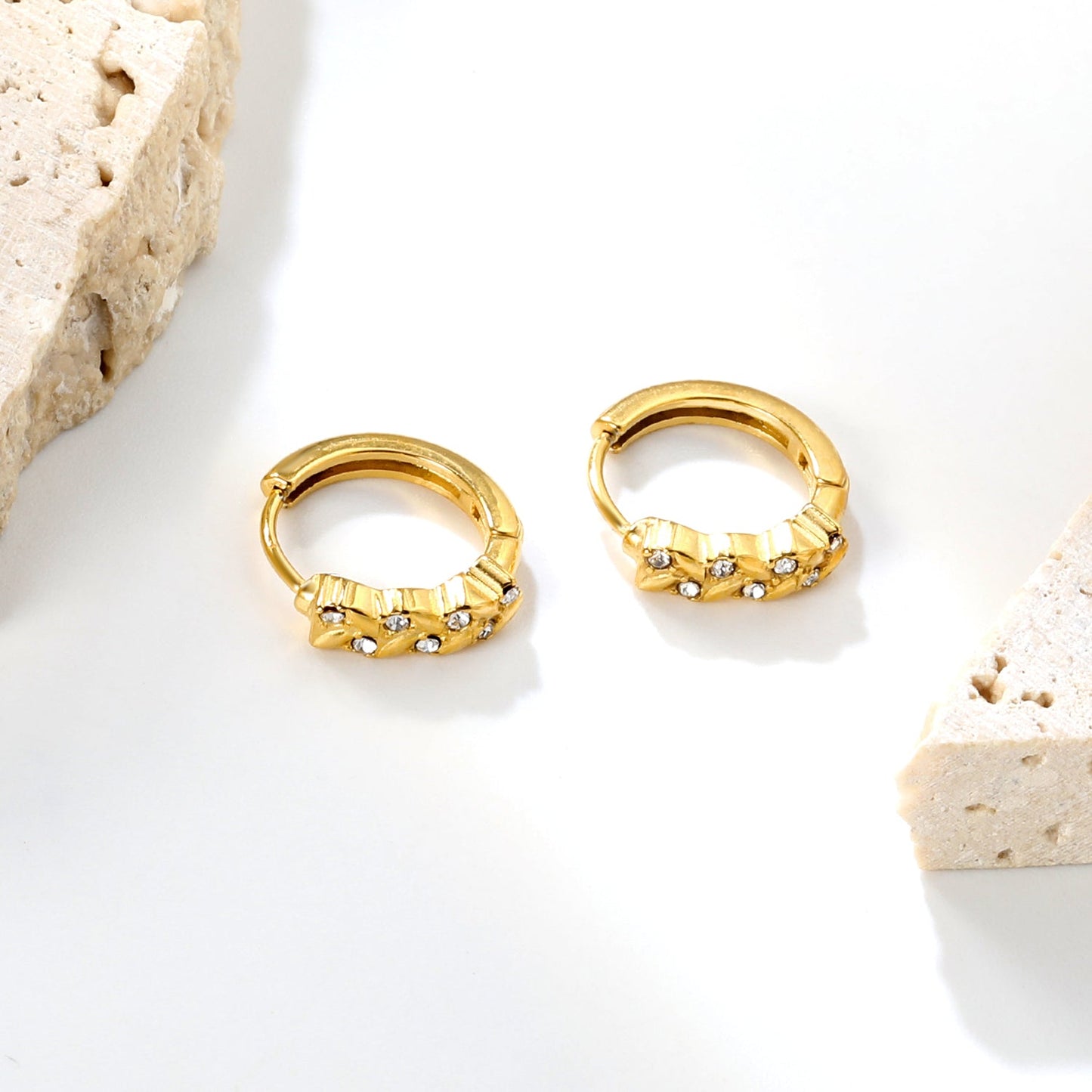 3.5 x 11mm Grass Ring with Imitation White Czech Diamonds, Ear Hook 2.2 x Inner Diameter 10mm, Earrings, Gold asonjewelry