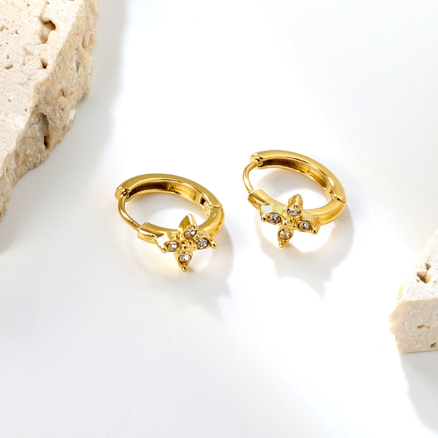 7.5 x 7.7mm cross flower with white zirconia, ear hook 2.2 x inner diameter 10mm, gold earrings asonjewelry