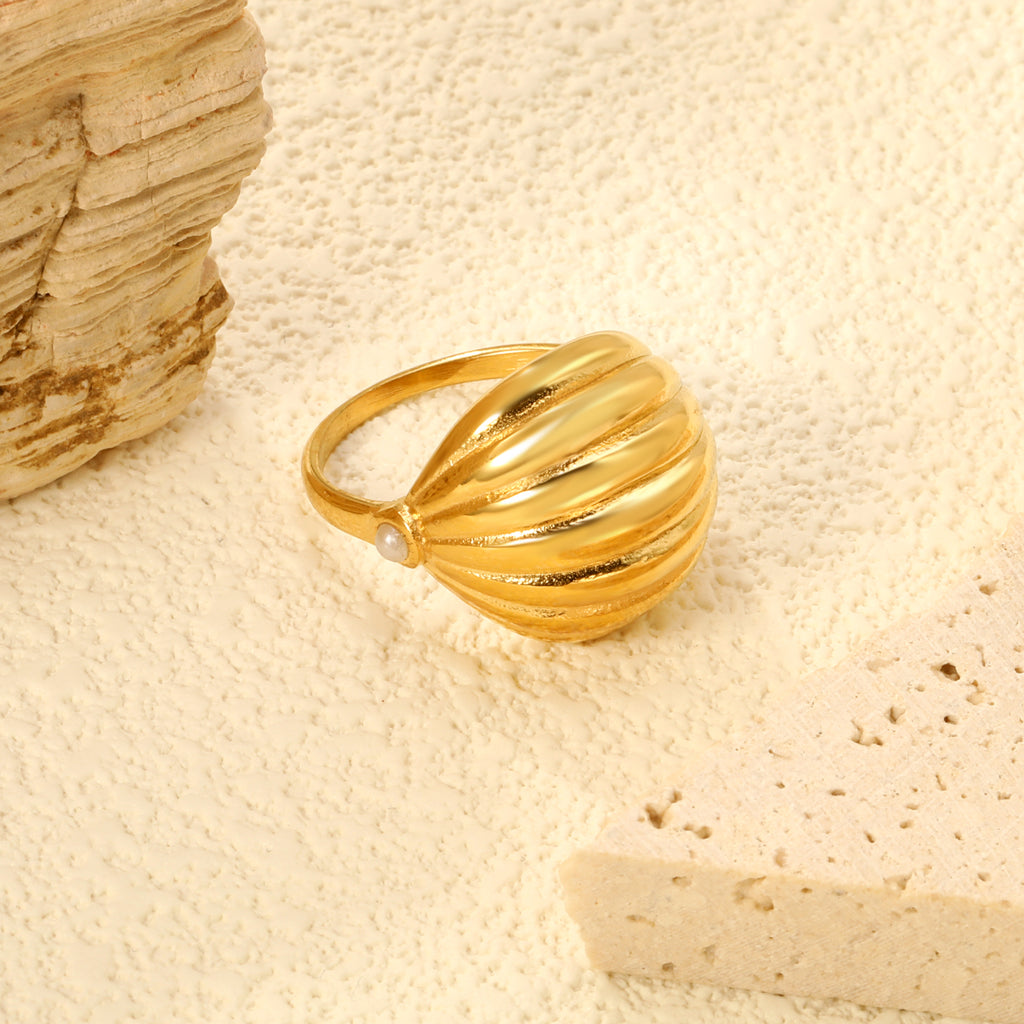 18K Gold Plated Stainless Steel Vertical Striped Arch Ring - Pearl Accented Elegant Jewelry