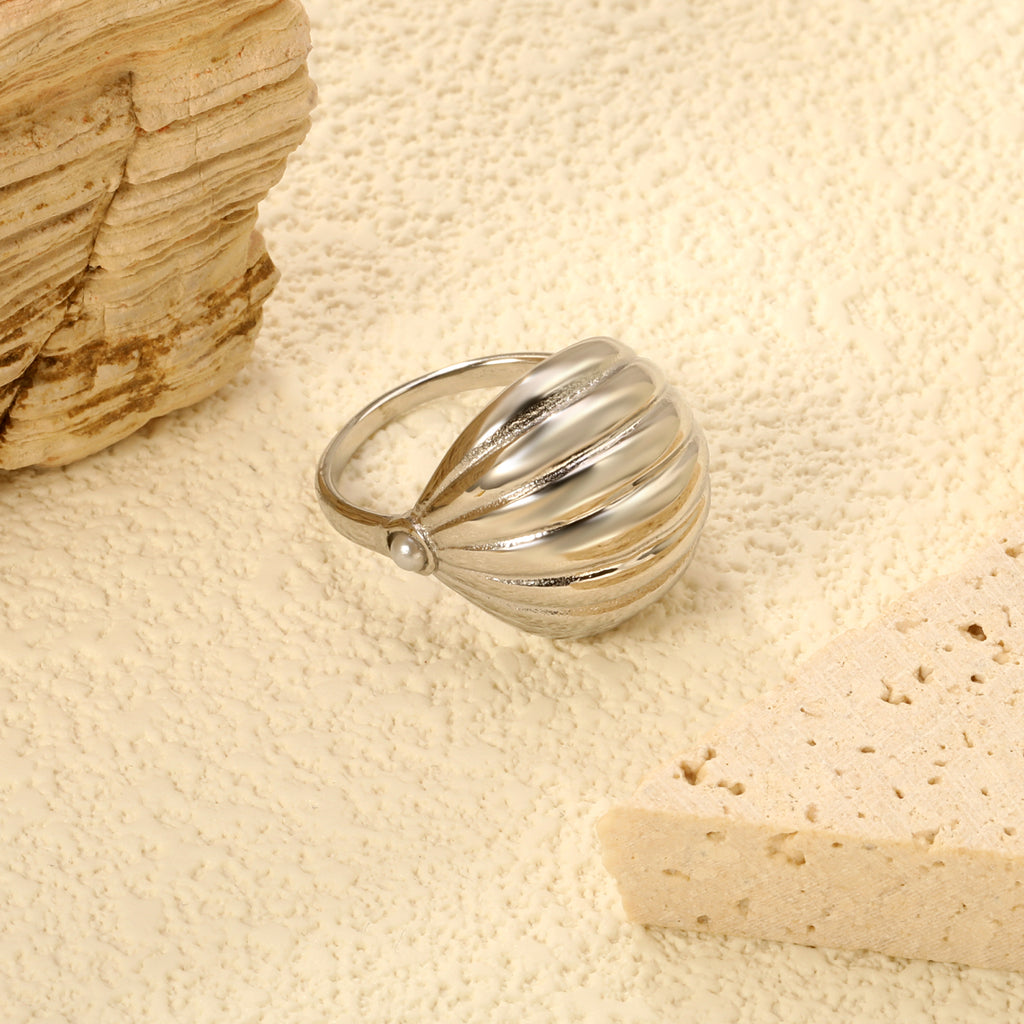 18K Gold Plated Stainless Steel Vertical Striped Arch Ring - Pearl Accented Elegant Jewelry