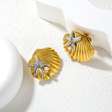 34.1mm*28.2mm Pearl Sea Star Shell Stud Earrings, Two-Tone Gold