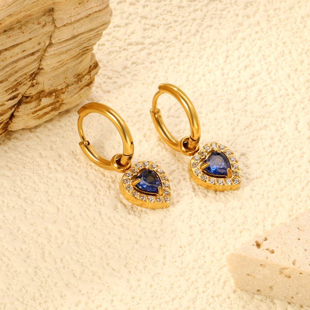 Wire 2*O.D. 14mm earrings + 9.6*10.2mm heart shaped sapphire blue glass with CNC drilling white zirconium hoops Earrings steel color/golden color