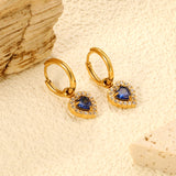 Wire 2*O.D. 14mm earrings + 9.6*10.2mm heart shaped sapphire blue glass with CNC drilling white zirconium hoops Earrings steel color/golden color