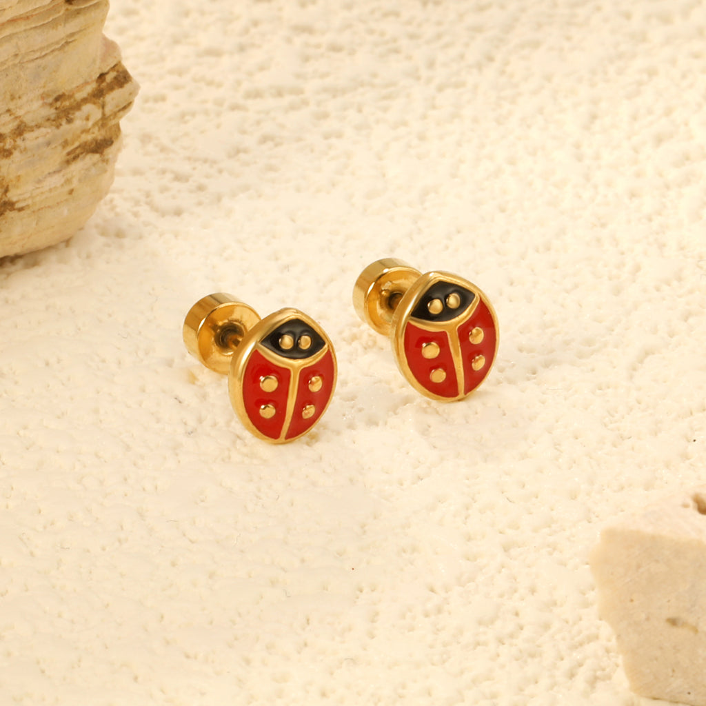6*7.3mm Ladybug Twisted Screw Plug Stud Earrings steel color/golden color