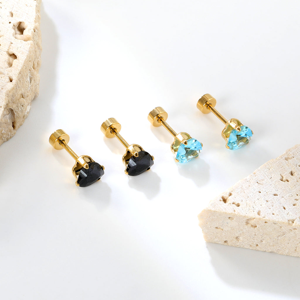 12 pair 6mm Steel/Gold Heart White/Black/Blue CZ Screw Plugs