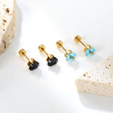 12 pair 6mm Steel/Gold Heart White/Black/Blue CZ Screw Plugs