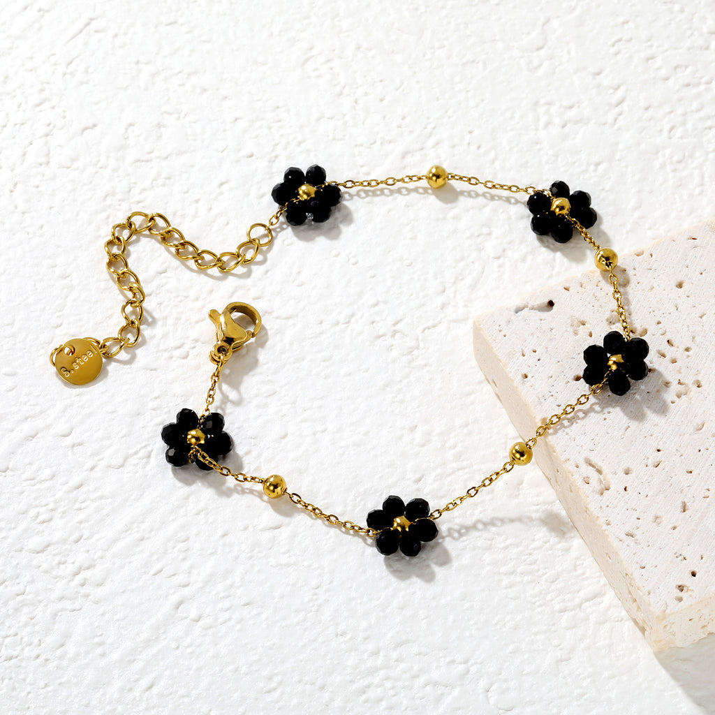 0.3 cross chain ¡Á3mm steel beads ¡Á9 + 8*8.6mm black bead flower pendant , bracelet, steel/gold