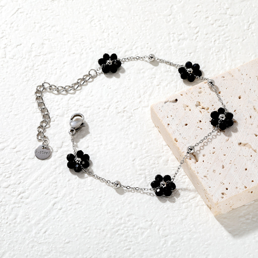0.3 cross chain ¡Á3mm steel beads ¡Á9 + 8*8.6mm black bead flower pendant , bracelet, steel/gold