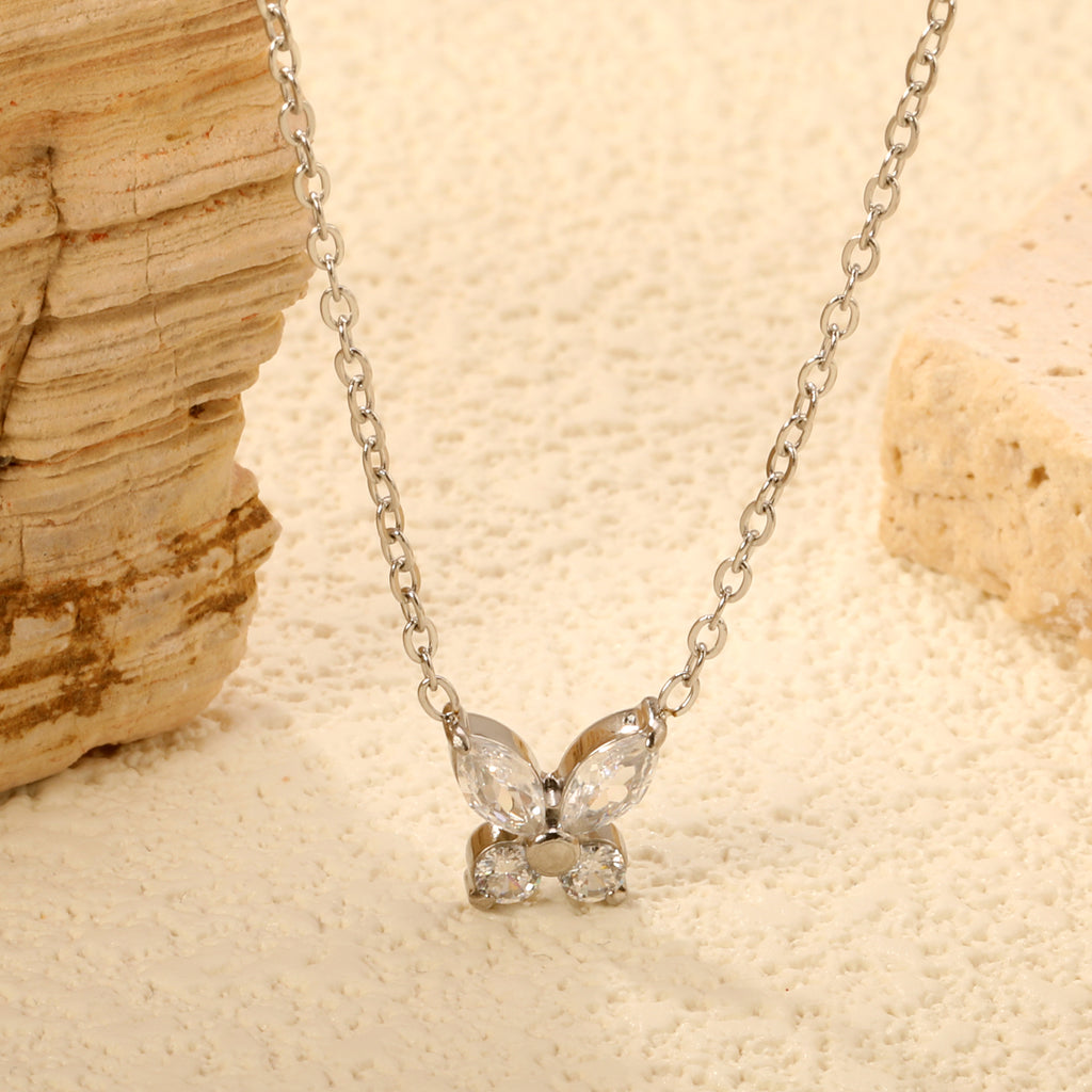 8.8*9.1mm Butterfly Sticky White Diamonds Pendant 0.35 Cross Necklace 45+5cm+6mm Round Plaque Necklace Steel/Gold Large Size 12mm White Diamonds