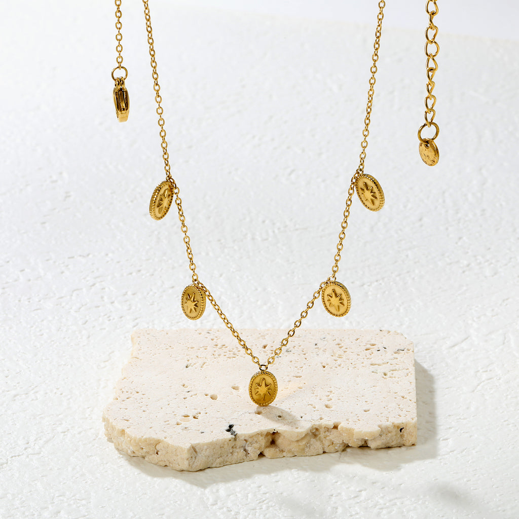 6.2*8.4mm Five-Pointed Star Elliptical Pendant 0.35mm Cross Chain Round Tassel Pendant Necklace Gold