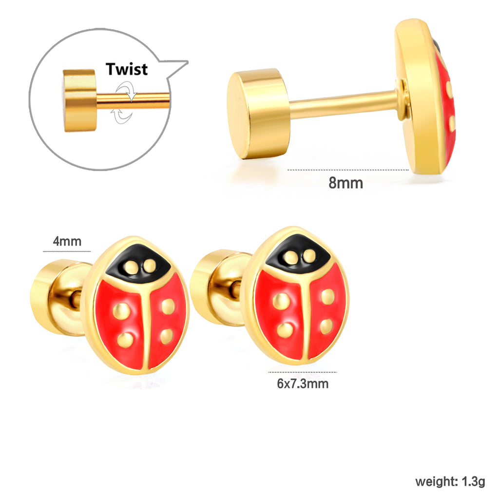 6*7.3mm Ladybug Twisted Screw Plug Stud Earrings steel color/golden color