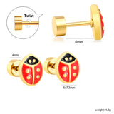 6*7.3mm Ladybug Twisted Screw Plug Stud Earrings steel color/golden color