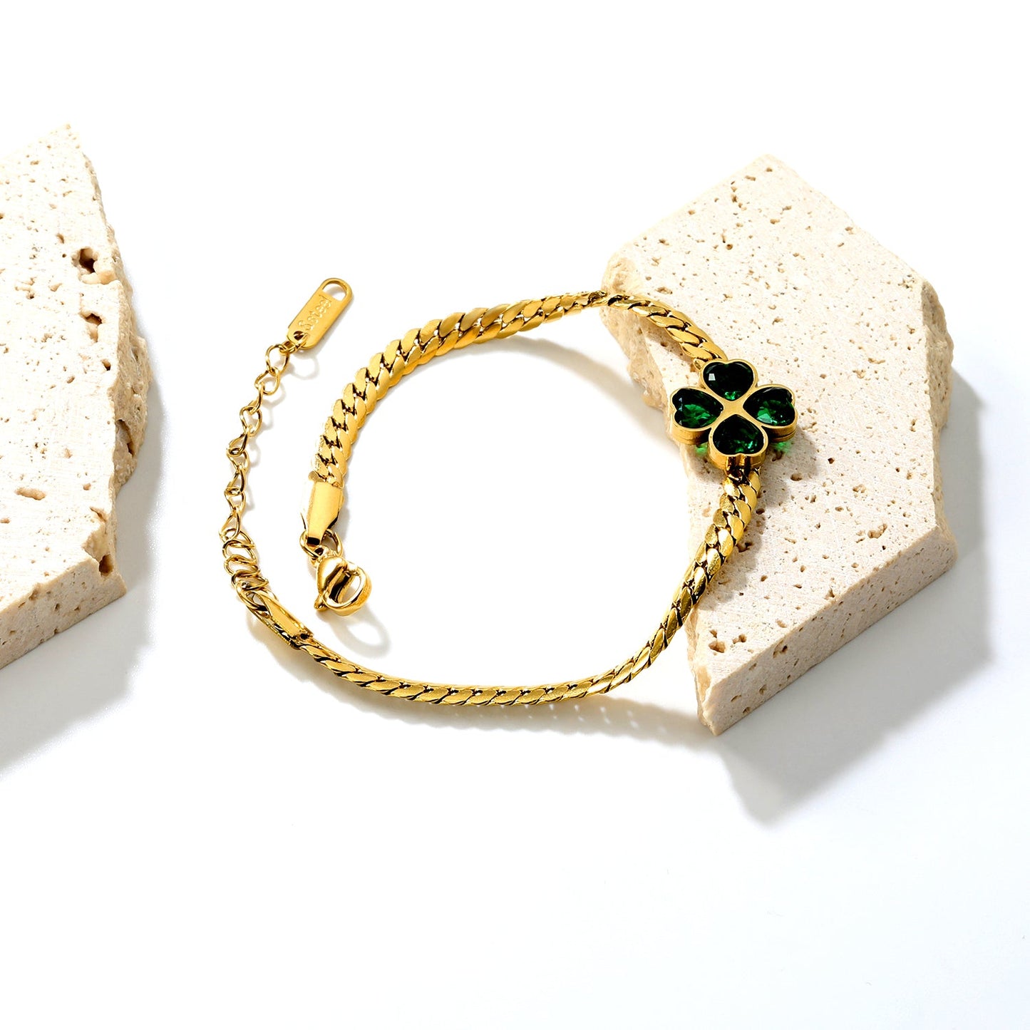 13.5mm four-leaf clover with green zircon 3.9 gold dragon chain 17+5cm+11.2*3.7mm square tail plaque bracelet gold color asonjewelry