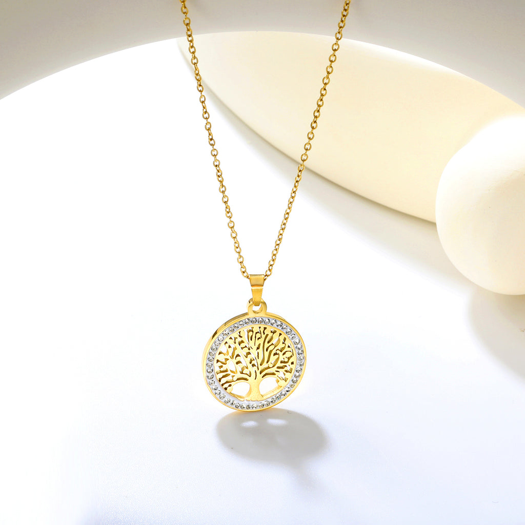 21.9mm Round Hollowed Out Tree of Life with White Diamonds Pendant 40+5cm Necklace Steel/Golden