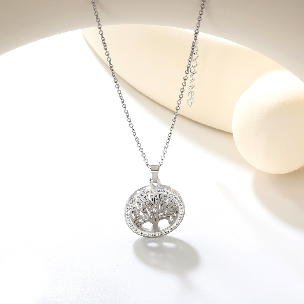 21.9mm Round Hollowed Out Tree of Life with White Diamonds Pendant 40+5cm Necklace Steel/Golden