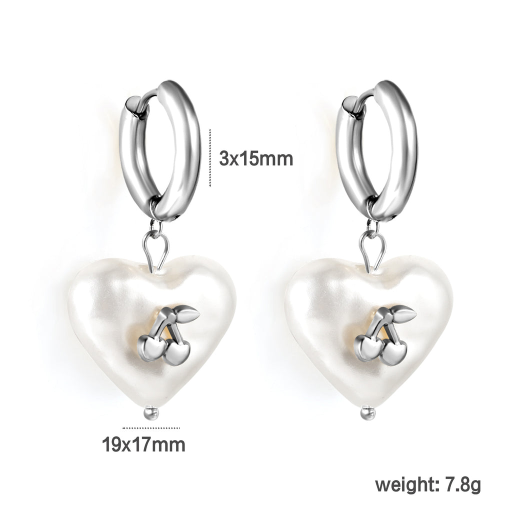 3x15mm circle with heart shaped white pearl + cherry stud earrings steel color / gold color