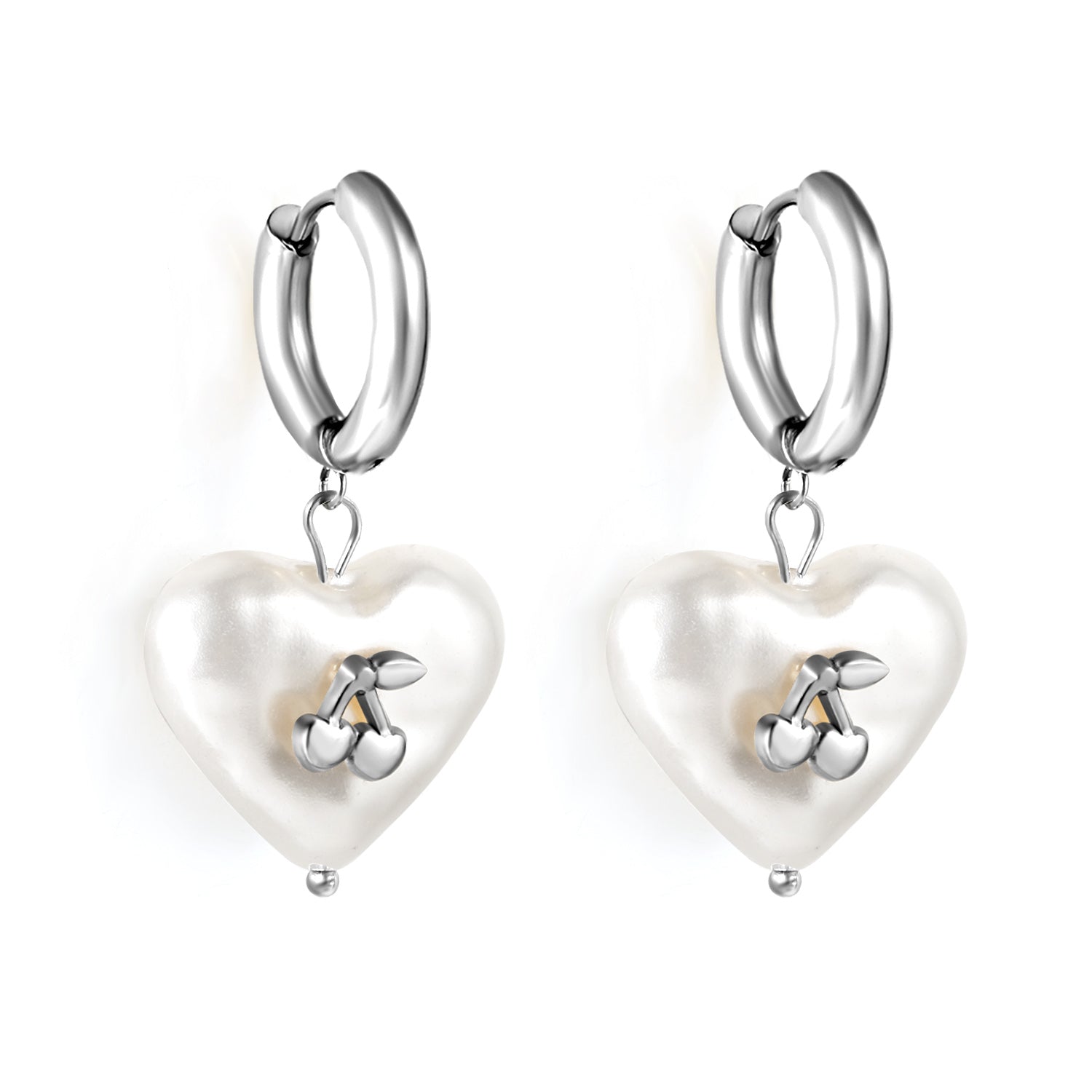 3x15mm circle with heart shaped white pearl + cherry stud earrings steel color / gold color asonjewelry