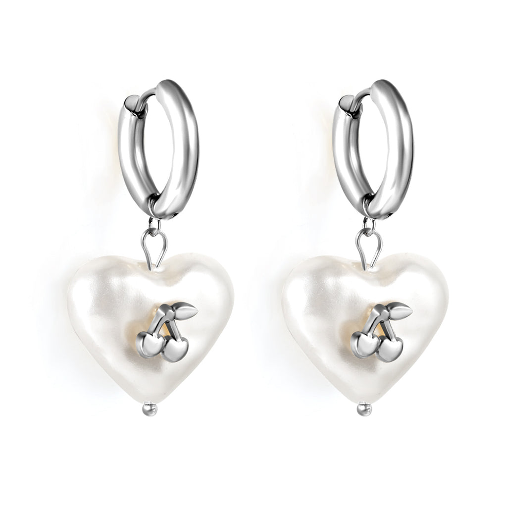 3x15mm circle with heart shaped white pearl + cherry stud earrings steel color / gold color