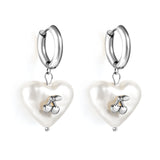 3x15mm circle with heart shaped white pearl + cherry stud earrings steel color / gold color