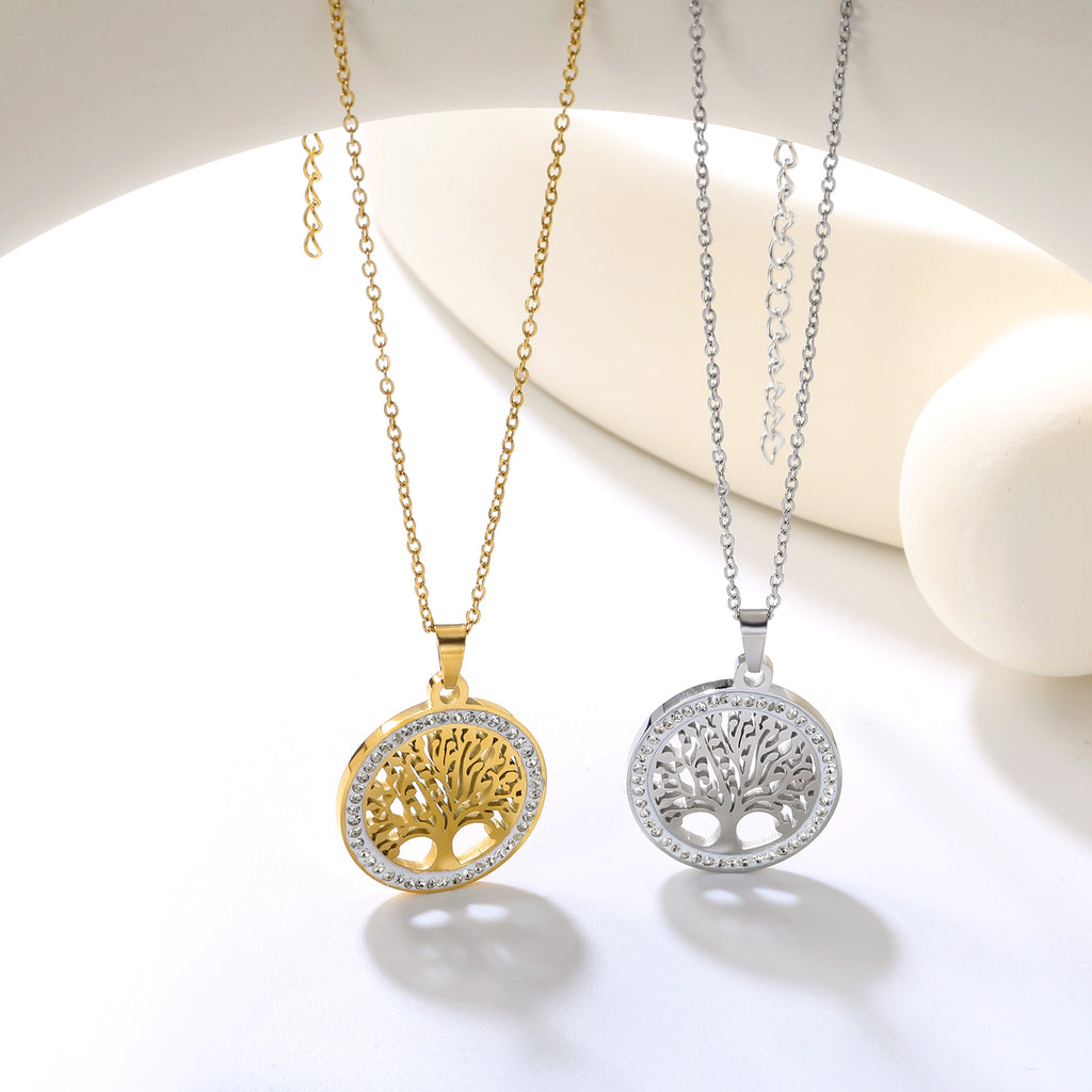 21.9mm Round Hollowed Out Tree of Life with White Diamonds Pendant 40+5cm Necklace Steel/Golden