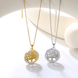 21.9mm Round Hollowed Out Tree of Life with White Diamonds Pendant 40+5cm Necklace Steel/Golden
