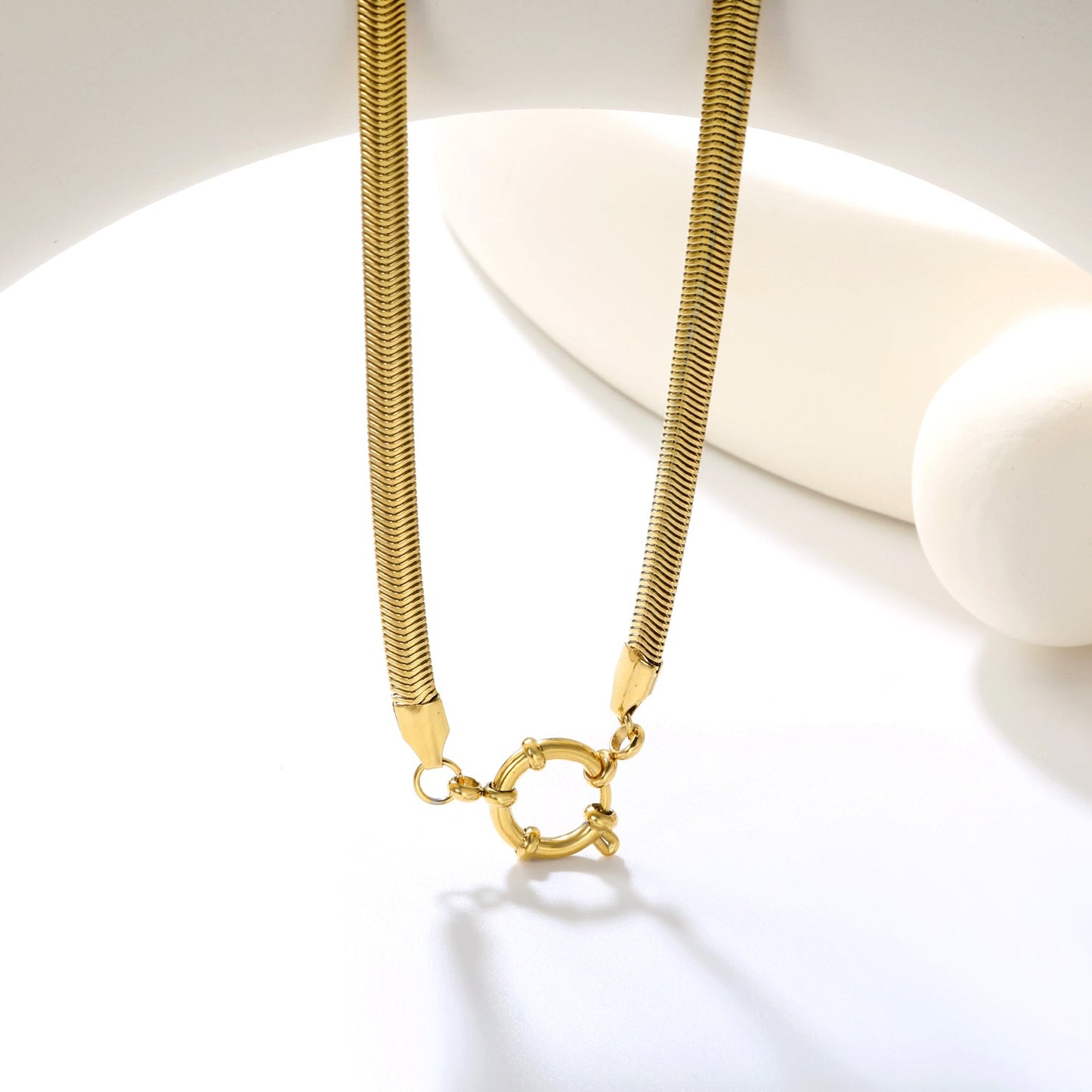 Flat snake chain 5mm wide x 2.2mm thick + 43cm + round clasp outer diameter 14.1mm necklace, gold asonjewelry