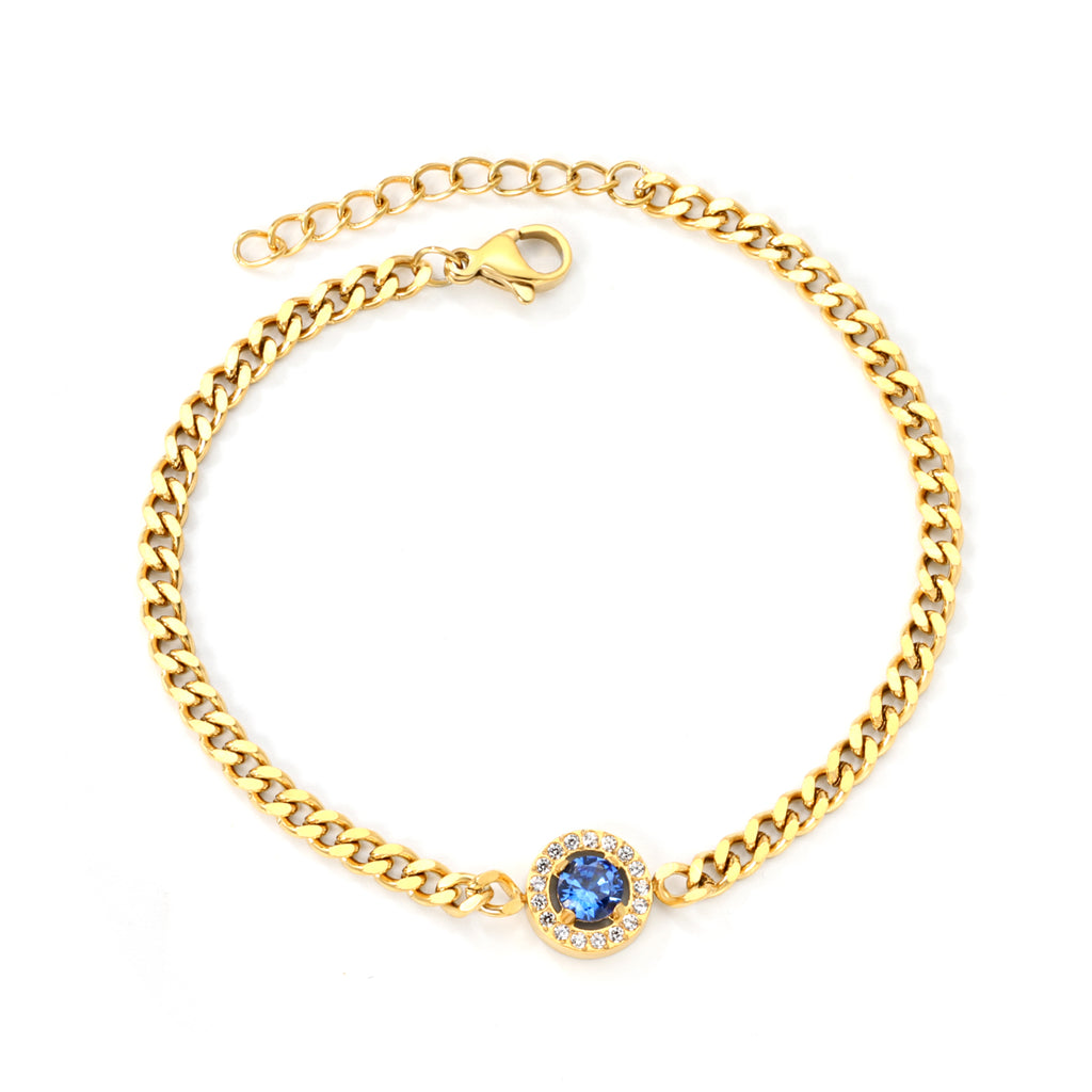 9.6mm round blue zirconium + CNC white zirconium circle fittings 17+3cm bracelet Gold color