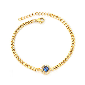 9.6mm round blue zirconium + CNC white zirconium circle fittings 17+3cm bracelet Gold color