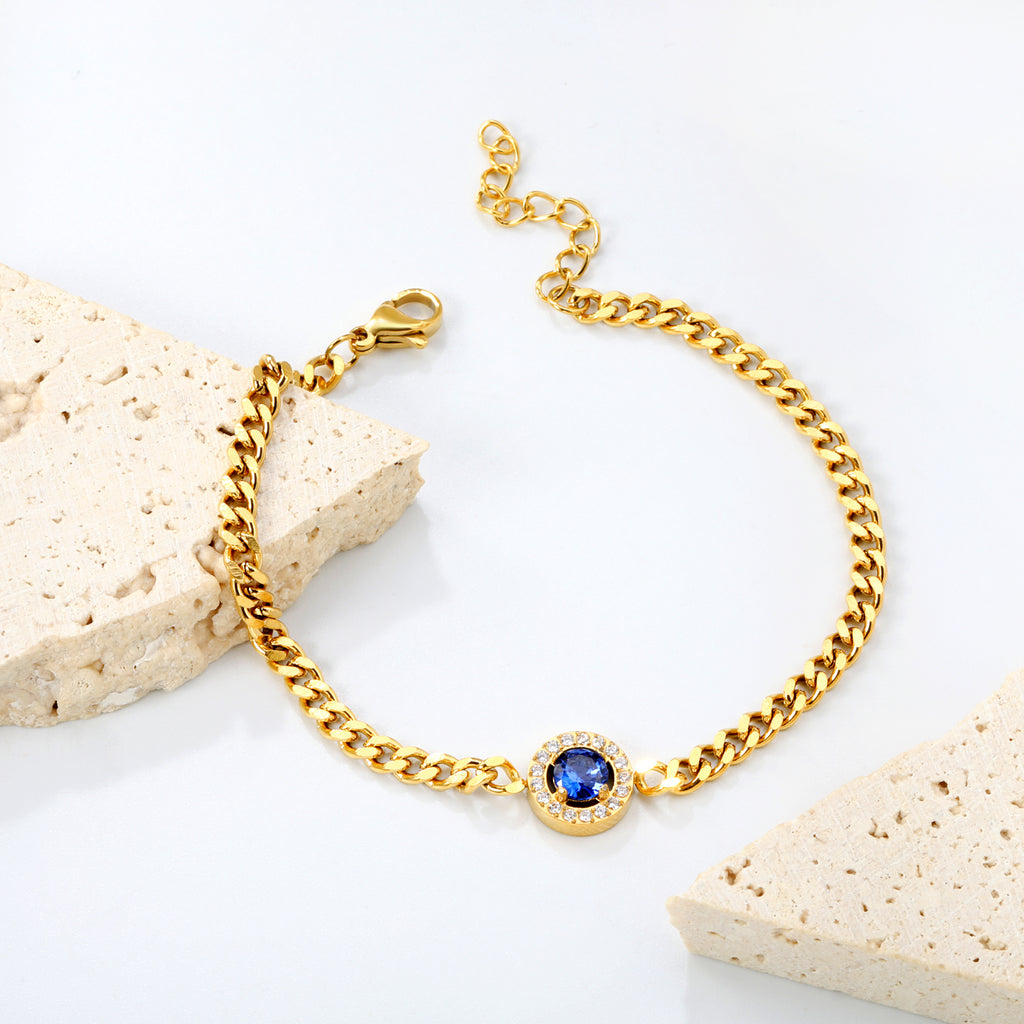 9.6mm round blue zirconium + CNC white zirconium circle fittings 17+3cm bracelet Gold color