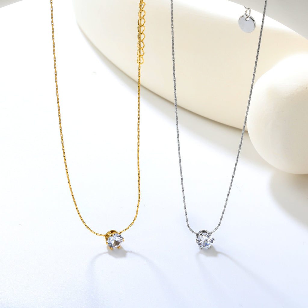 5mm Six Claws Round White Diamond Pendant 40+5cm+6mm Round Tail Plaque Necklace Steel/Golden