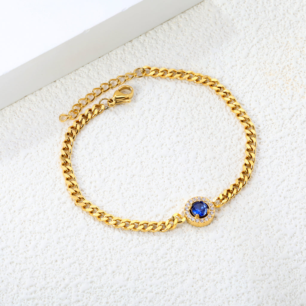 9.6mm round blue zirconium + CNC white zirconium circle fittings 17+3cm bracelet Gold color