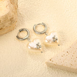 3x15mm circle with heart shaped white pearl + cherry stud earrings steel color / gold color