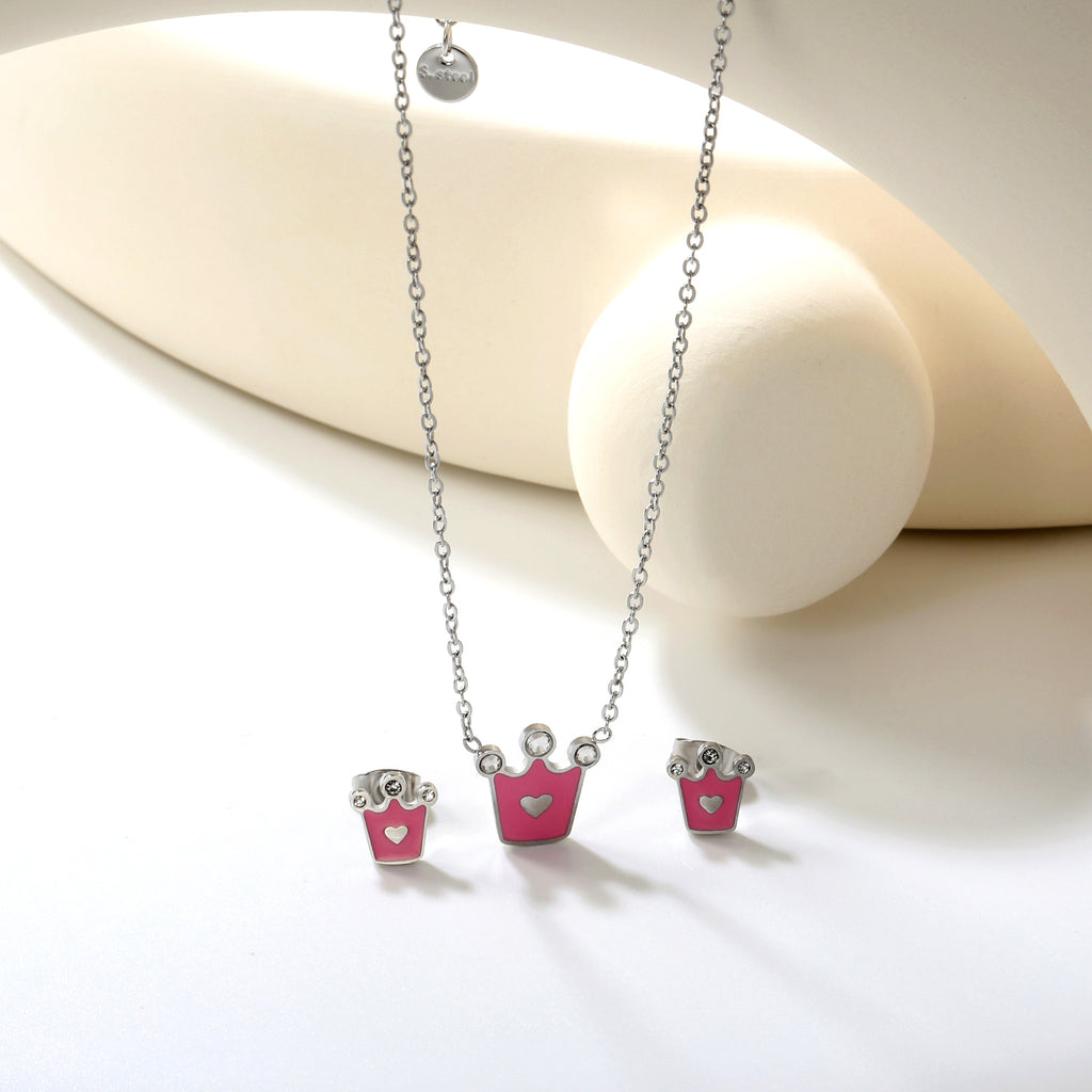 8*8.4mm Crown with Pink Oil Drip Earrings + 11.7*12mm Pendant Necklace Set Cross 0.35 45+5cm+6mm Round Tail Plaque Set Steel Color / Gold