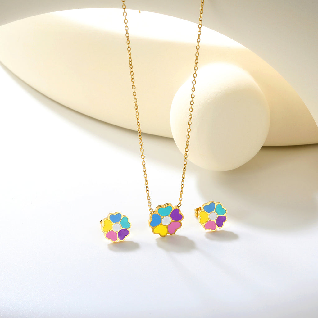 Colorful Flowers Set Steel/Gold Earrings:10.4*10.4mm Pendant:12.2*11.8mm 0.3 Cross Chain 42+5cm+6mm Round Plaque