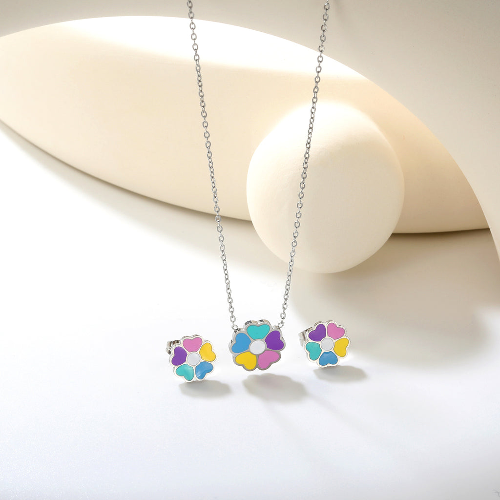 Colorful Flowers Set Steel/Gold Earrings:10.4*10.4mm Pendant:12.2*11.8mm 0.3 Cross Chain 42+5cm+6mm Round Plaque