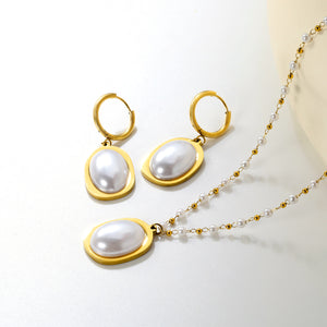 Pearl Necklace Earrings Set Gold Earrings: 16.3*23.6mm Pendant: 16.3*23.6mm 3mm Pearl + 1.9mm Steel Bead Chain 40+5cm+6mm Round Tail Plaque