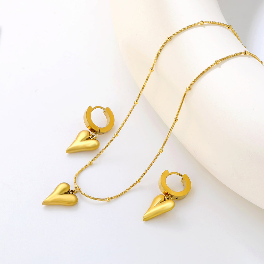 Pointed Heart Set Gold Earrings: 12.1*14.7mm Pendant: 12.1*14.7mm0.9 Round Snake Chain 42+5cm+6mm