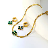 Quadruple Leaf Zirconia Necklace Earrings Set Gold Earrings: 13.4*13.6mm Pendant: 12.1*12.1mm3.8mm Gold Dragon Chain 40+5cm+11.2*3.7mm Square Tail Plaque