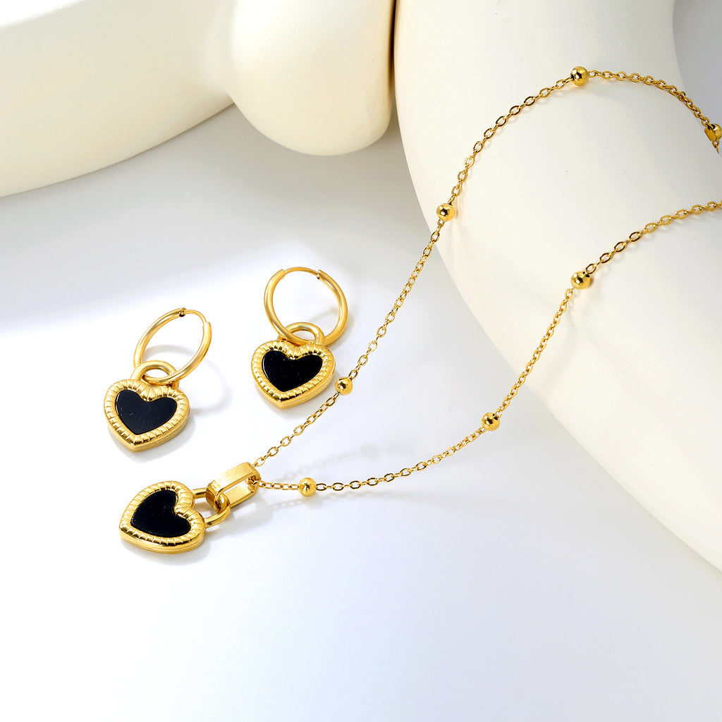 Reversible Black Shells Love Set Gold Earrings: 13.9*18.1mm Pendant: 13.9*18.1mm Clip Bead Chain 47+5cm+6mm Round Tail Plaque