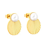 13*19mm Shell Pearl Stud Earrings, Gold