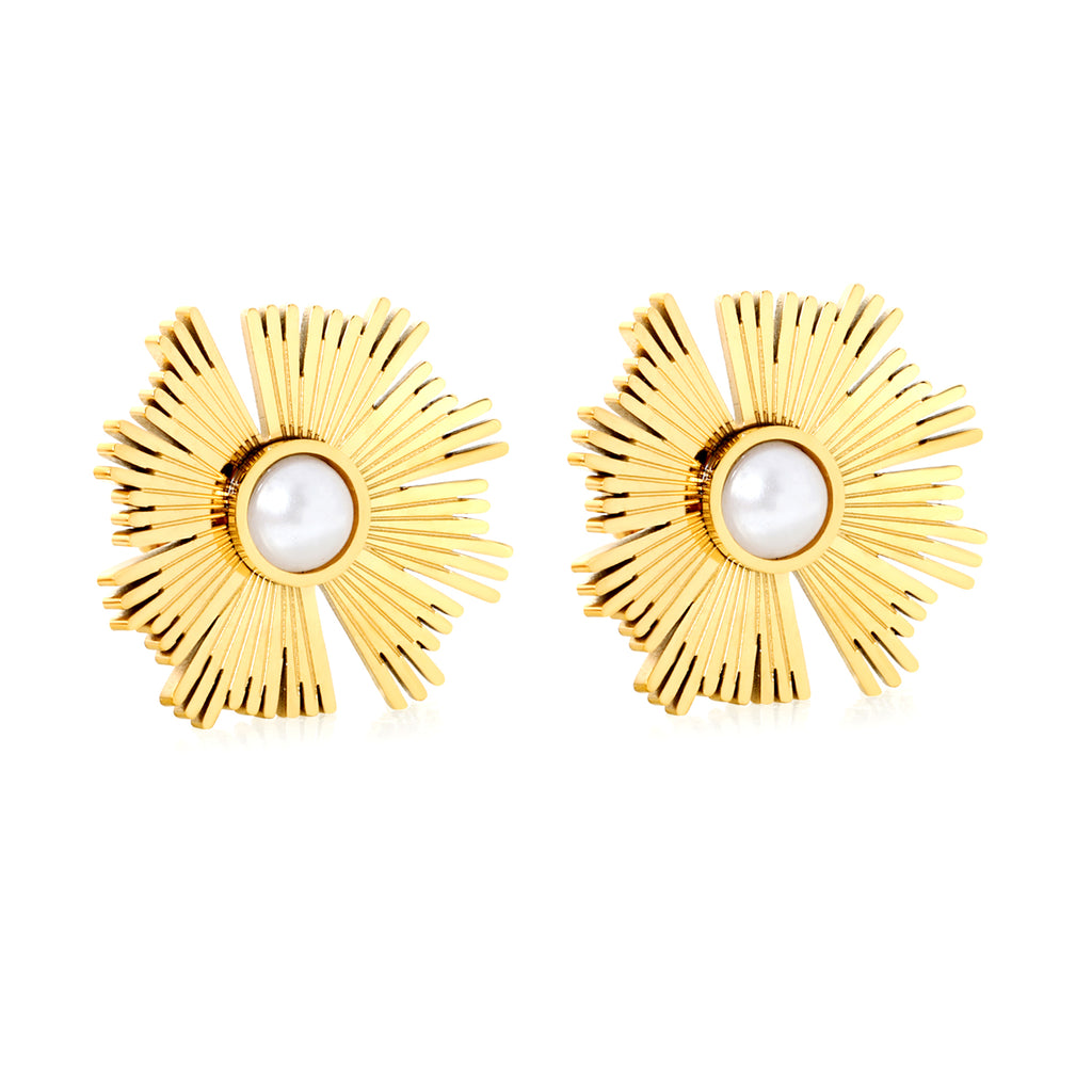 20*19.7mm Irregular Sunflower Pearl Stud Earrings, Gold
