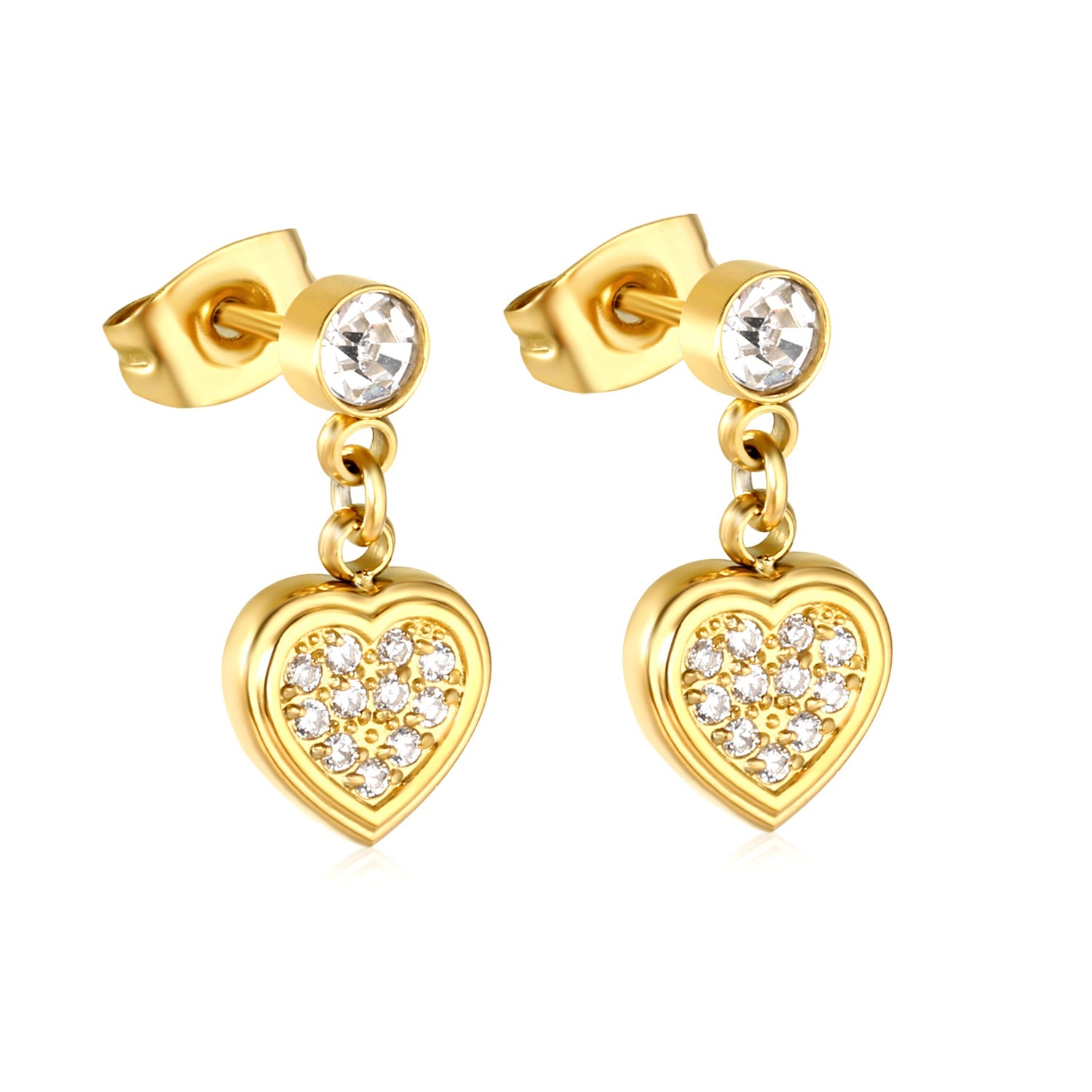 4mm Round Diamond & 8mm Heart Stud Earrings in Gold asonjewelry