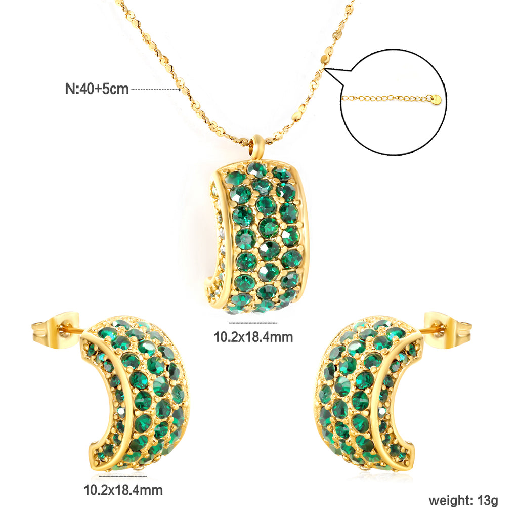 C-Shaped White Diamond/Emerald-Cut Diamond Set Gold Earrings/Pendant 0.3ct Cross-Cut Round Diamond 40+5cm Chain + 6mm Round Tag